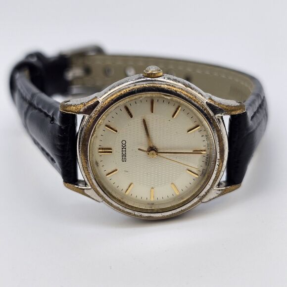 Seiko Women's Watch 24MM Gold Dial Gray Gold Case Black Leather Band New Battery - Picture 5 of 14